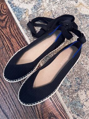 Rothy's Black Knit Espadrille Flats with Ankle Ties Sz 8.5 new